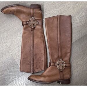 Tory Burch Womens Boots Size 8 Amanda Tall Riding Brown buckle equestrian logo